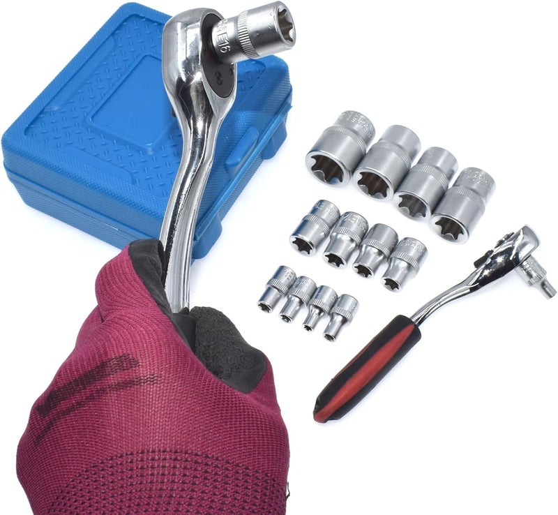 Yuesstloo E-Torx Socket Set, 14 Piece Female E-Torx Star Socket Set, 1/4" 3/8" 1/2" Drive, E4 to E24 External Torque E Socket Set, 14pcs Star Socket Kit - Image 4